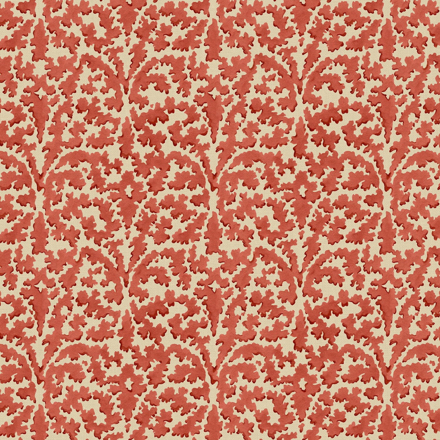 Printed linen fabric sample – damask-style pattern in red and cream