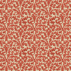 Printed linen fabric sample – damask-style pattern in red and cream