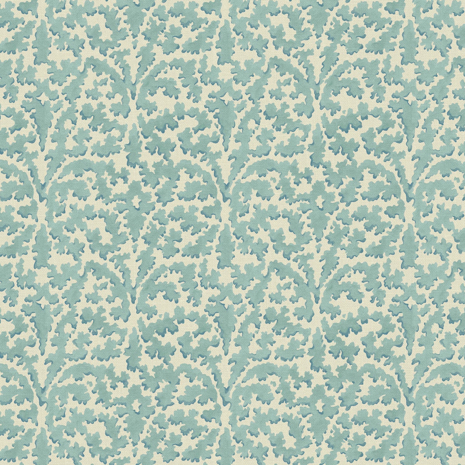 Printed linen fabric sample – damask-style pattern in blue and cream