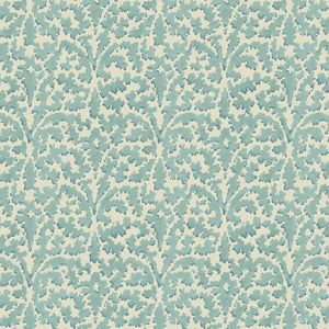Printed linen fabric sample – damask-style pattern in blue and cream