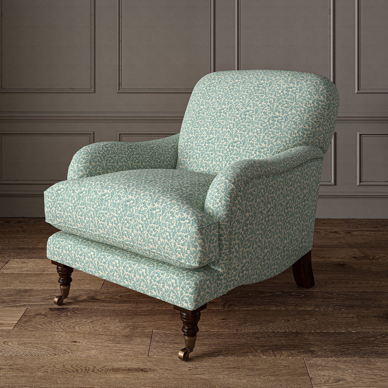 Printed linen fabric – damask-style pattern in blue and cream – on an armchair