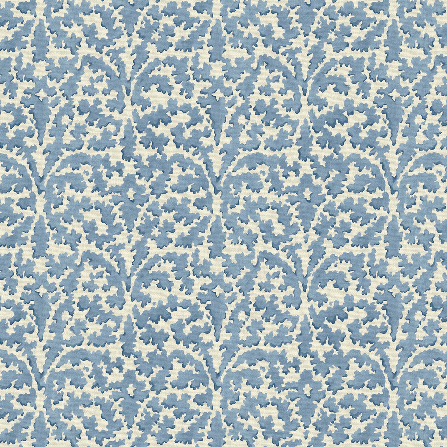 Printed linen fabric sample – damask-style pattern in blue and cream