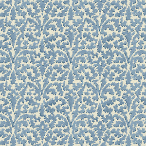 Printed linen fabric sample – damask-style pattern in blue and cream