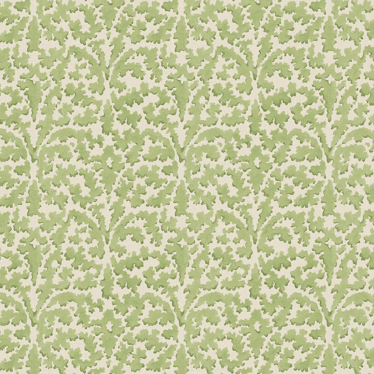 Printed linen fabric sample – damask-style pattern in green and cream