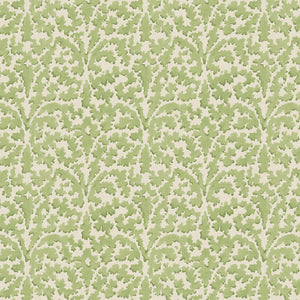 Printed linen fabric sample – damask-style pattern in green and cream