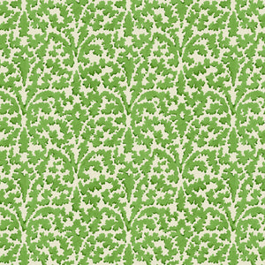 Printed linen fabric sample – damask-style pattern in green and cream