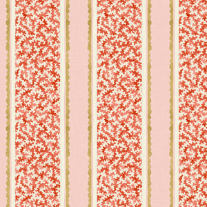 Printed linen fabric sample – fresh bands of jolly colours in pink, red, yellow and cream