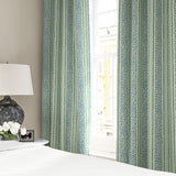 Linen curtains with fresh bands of jolly colours in blue, green and cream
