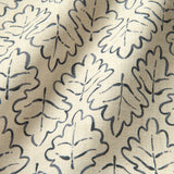 Printed linen fabric sample – a hand drawn; mirrored leaf motif pattern in blue and cream