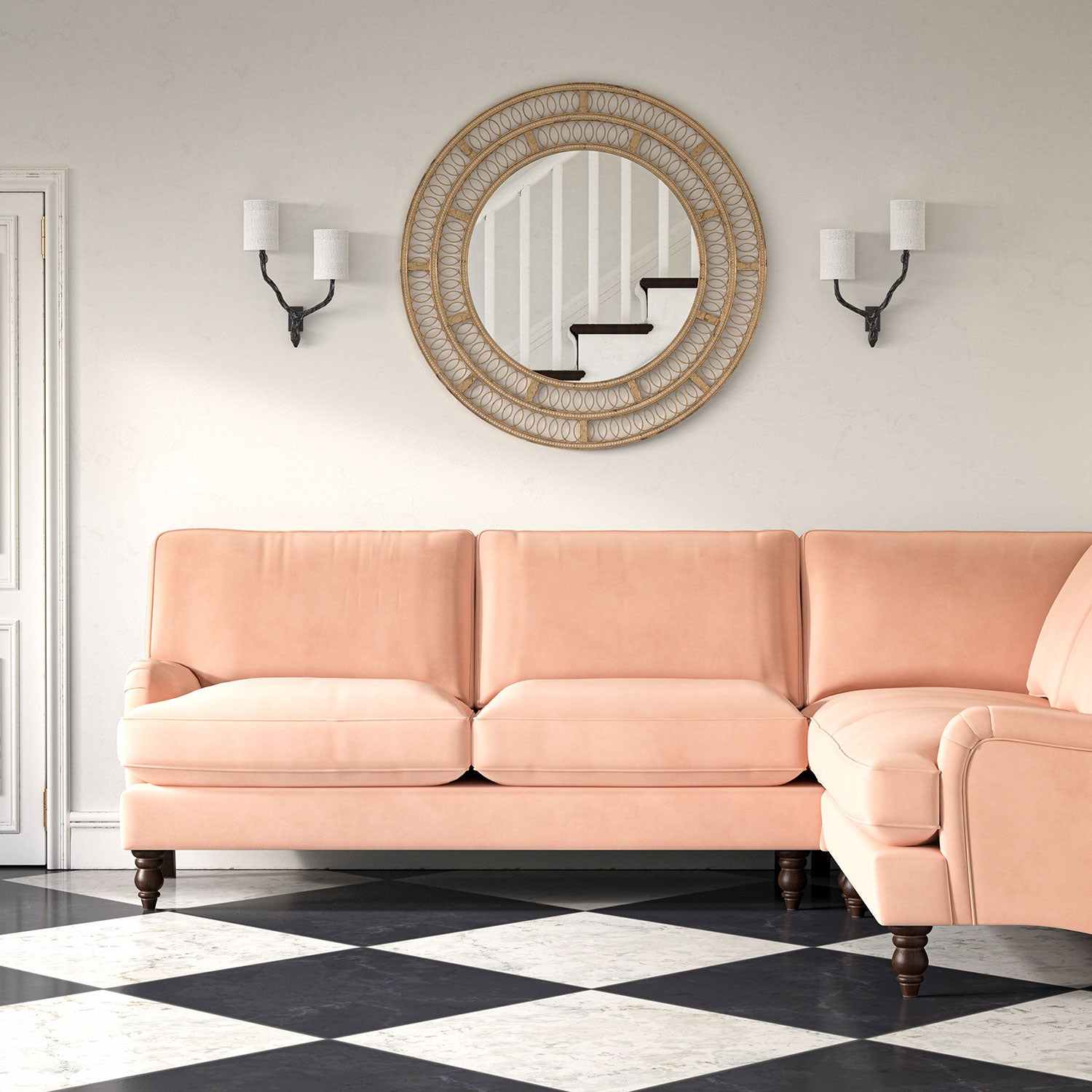 Sofa upholstered in a pink velvet upholstery fabric