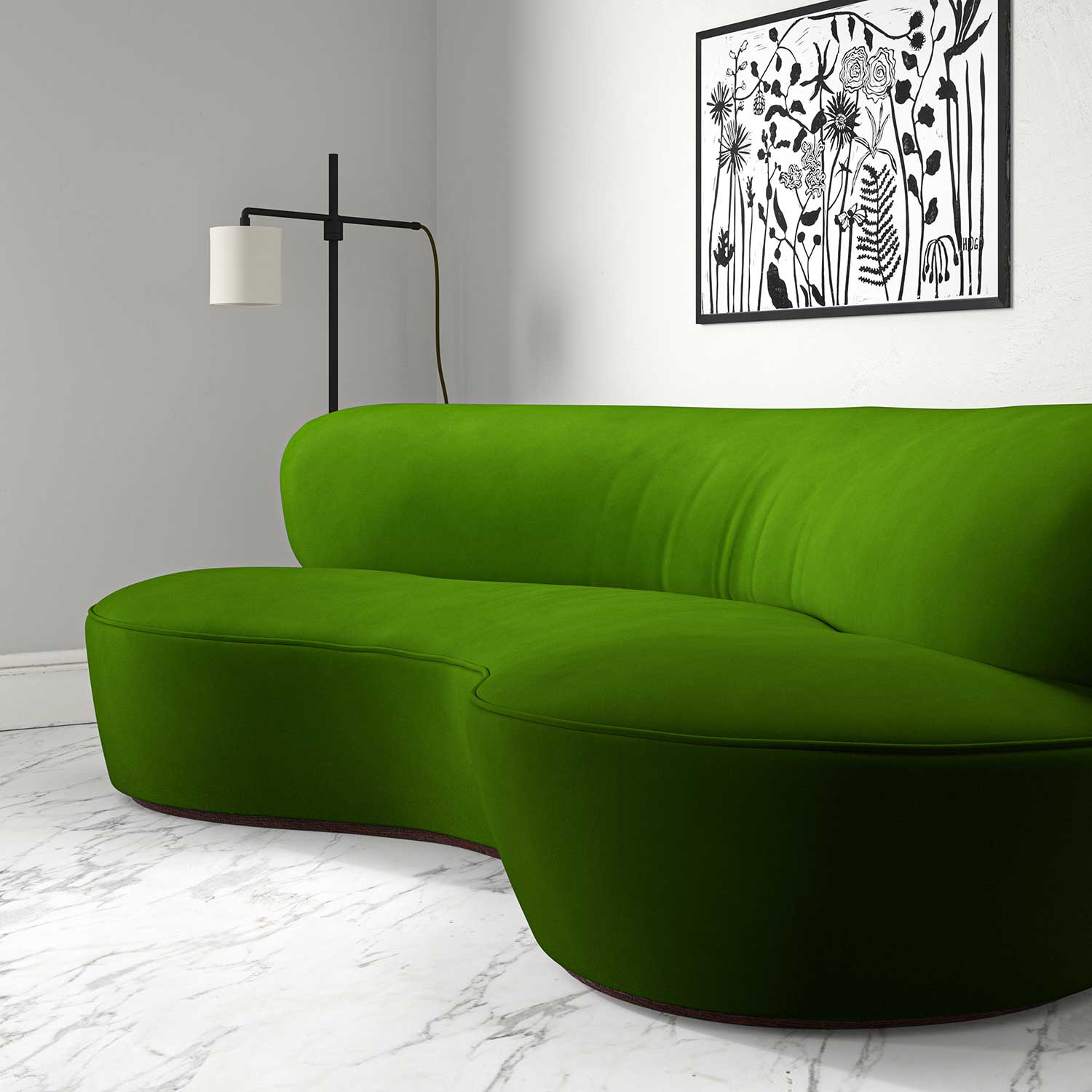 Sofa upholstered in a green velvet upholstery fabric