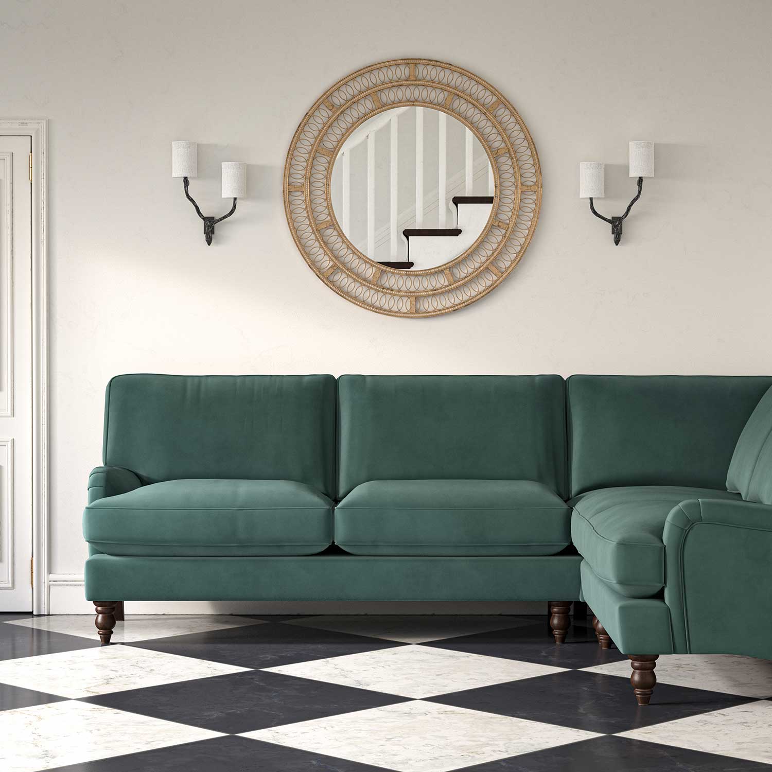 Sofa upholstered in a blue velvet upholstery fabric