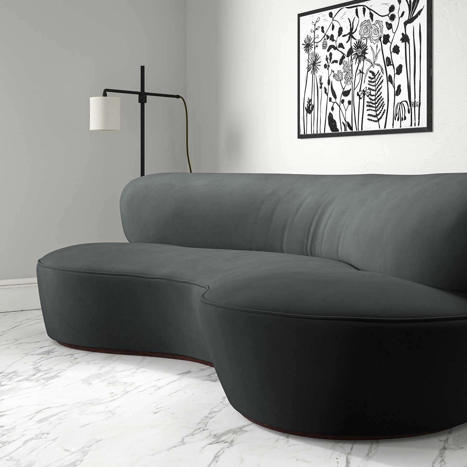 Sofa upholstered in a grey velvet upholstery fabric