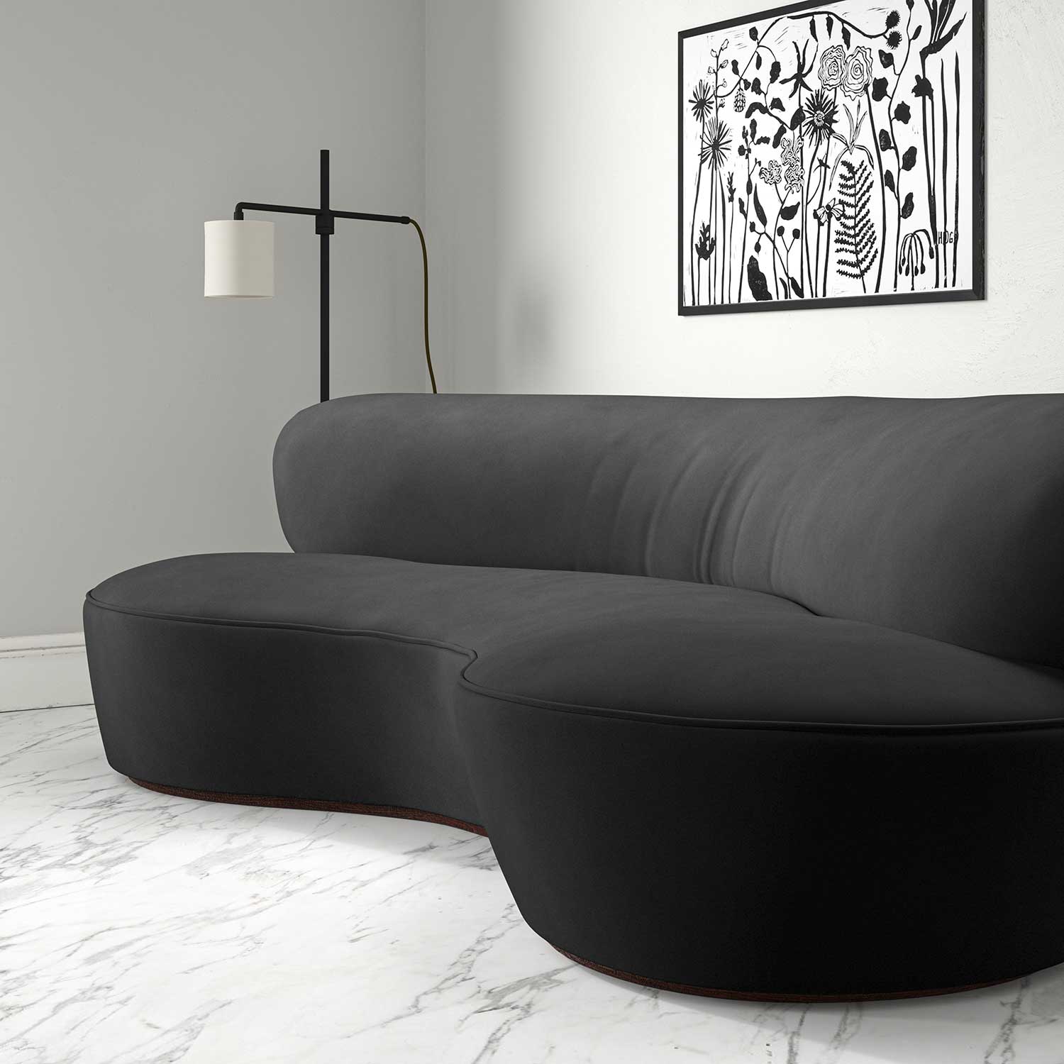 Sofa upholstered in a grey velvet upholstery fabric