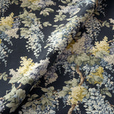 Printed linen fabric with wisteria floral pattern in blue and green colours for linen curtains, blinds and upholstery.