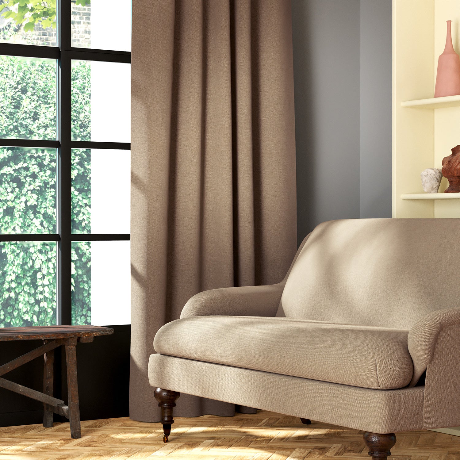 Living room featuring a sofa and curtains in a plain neutral eco-friendly fabric