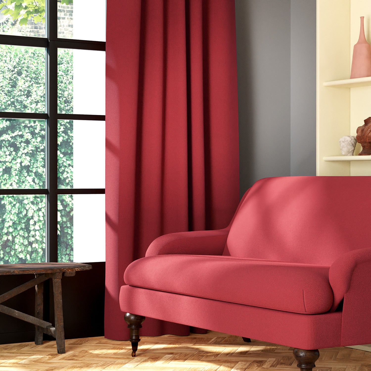 Living room featuring a sofa and curtains in a plain red eco-friendly fabric