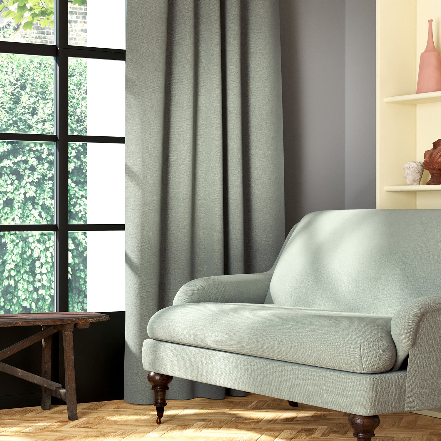 Living room featuring a sofa and curtains in a plain light blue eco-friendly fabric