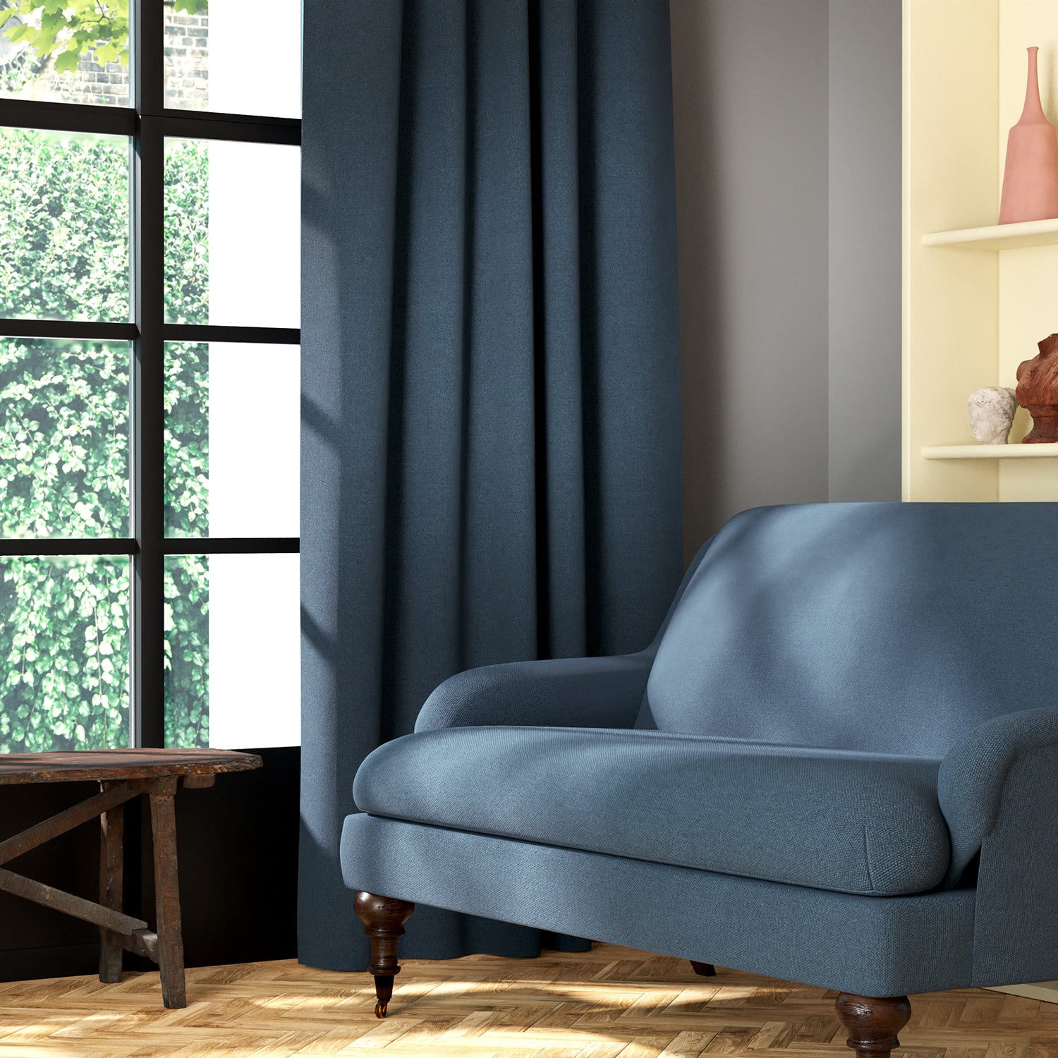Living room featuring a sofa and curtains in a plain blue eco-friendly fabric