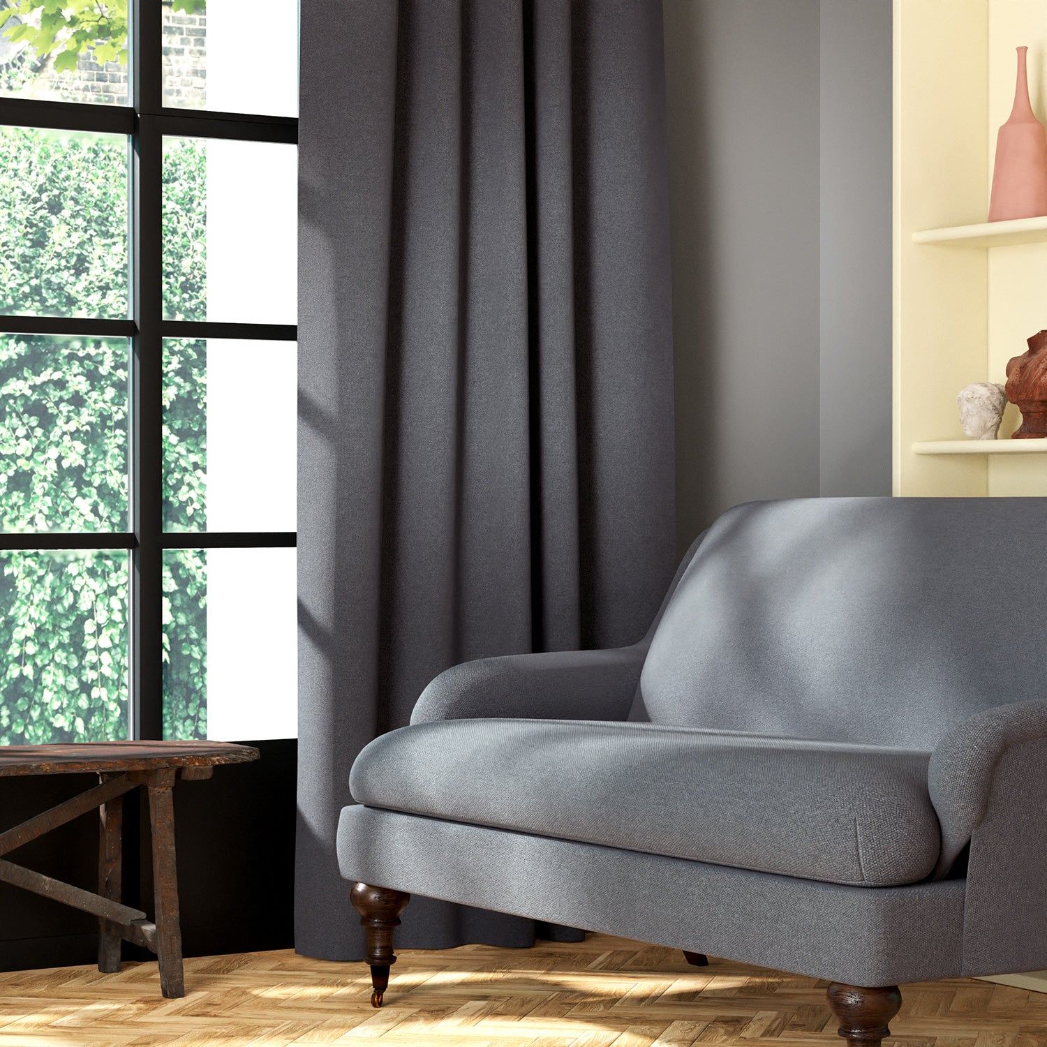 Living room featuring a sofa and curtains in a plain grey eco-friendly fabric