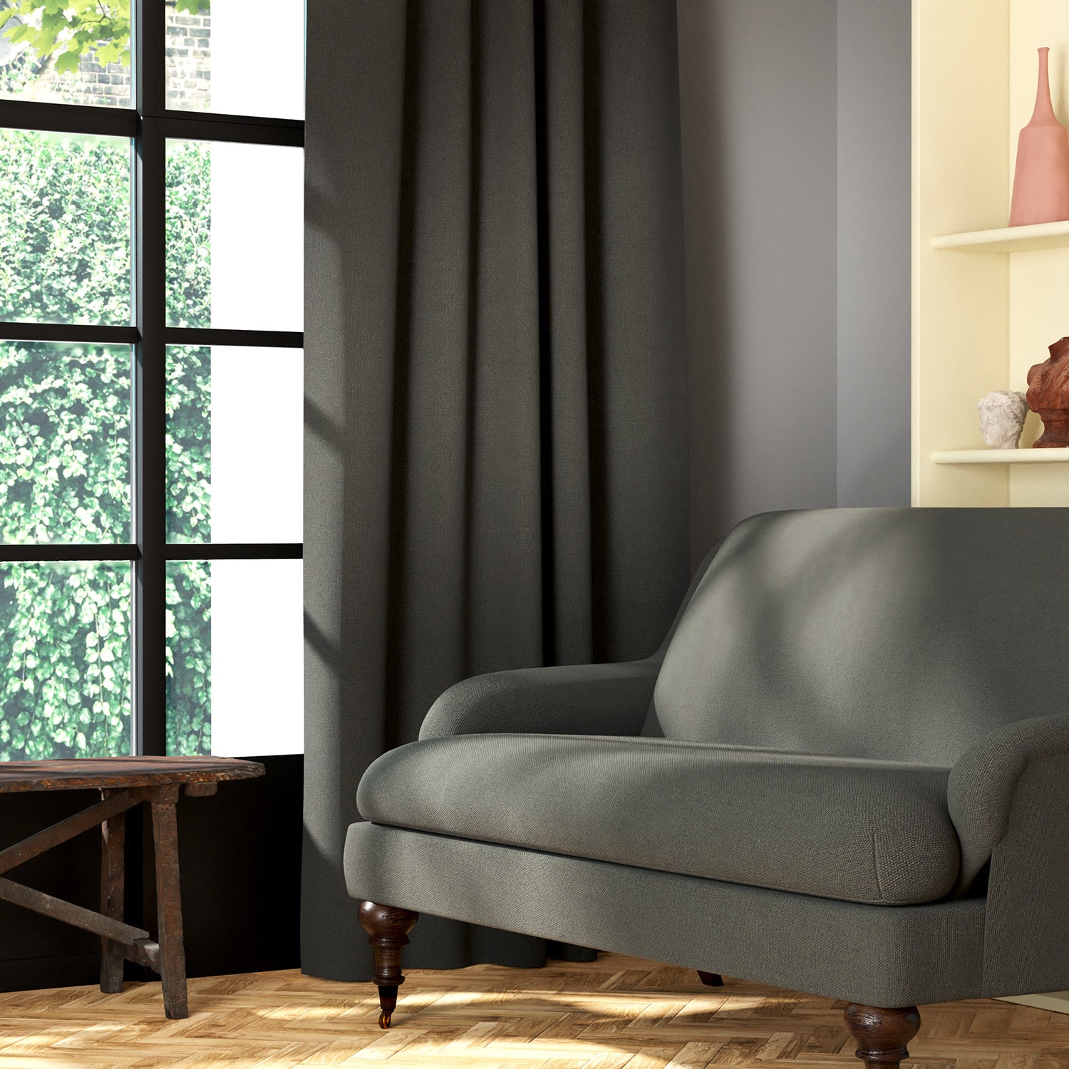 Living room featuring a sofa and curtains in a plain grey eco-friendly fabric