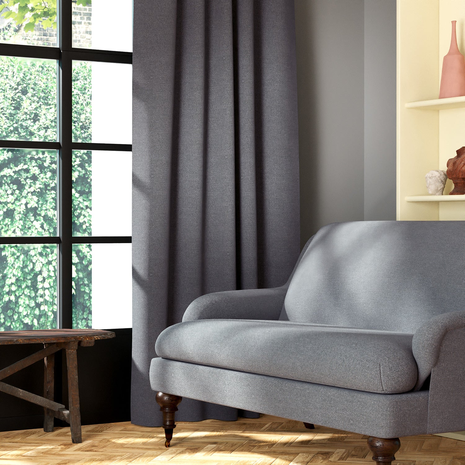 Living room featuring a sofa and curtains in a plain grey eco-friendly fabric