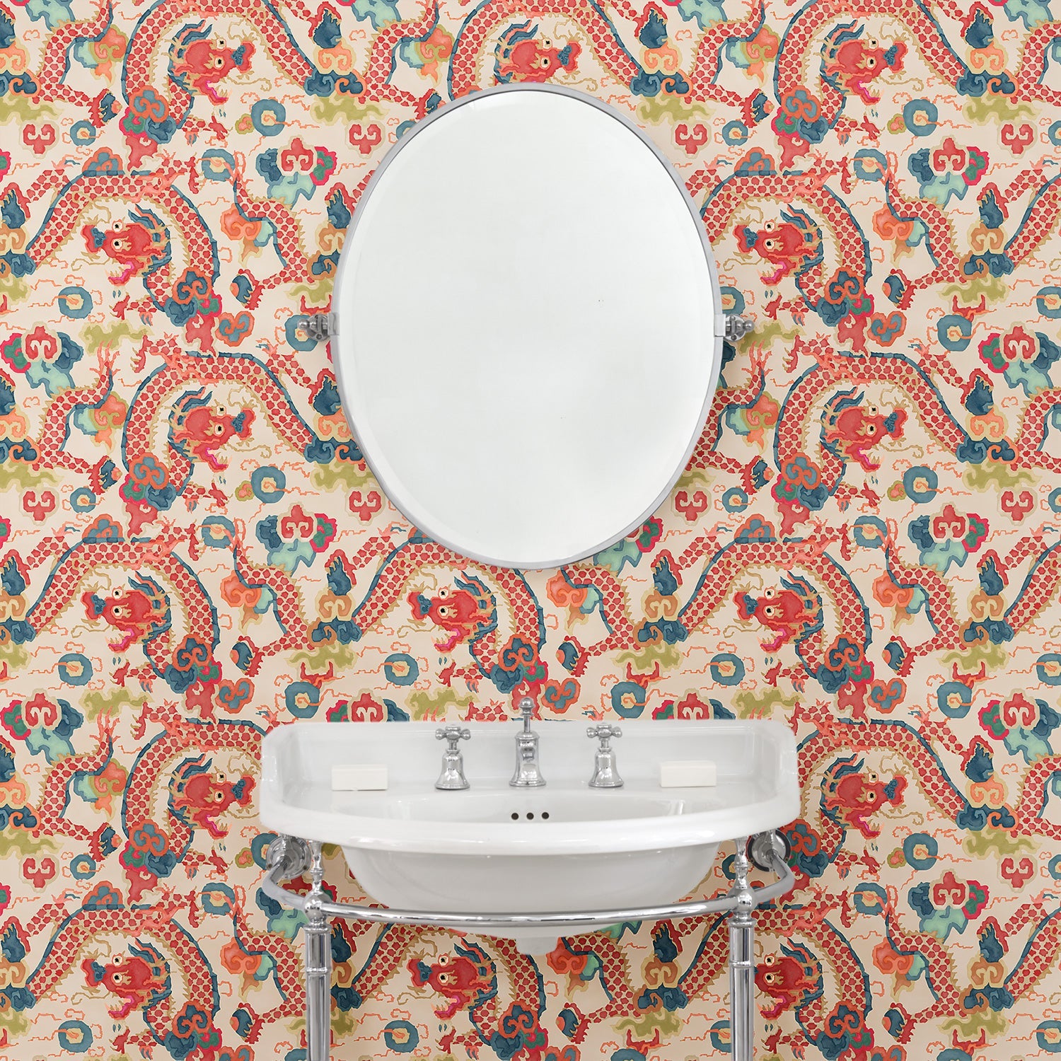 Bathroom with luxury designer wallpaper with dragon design