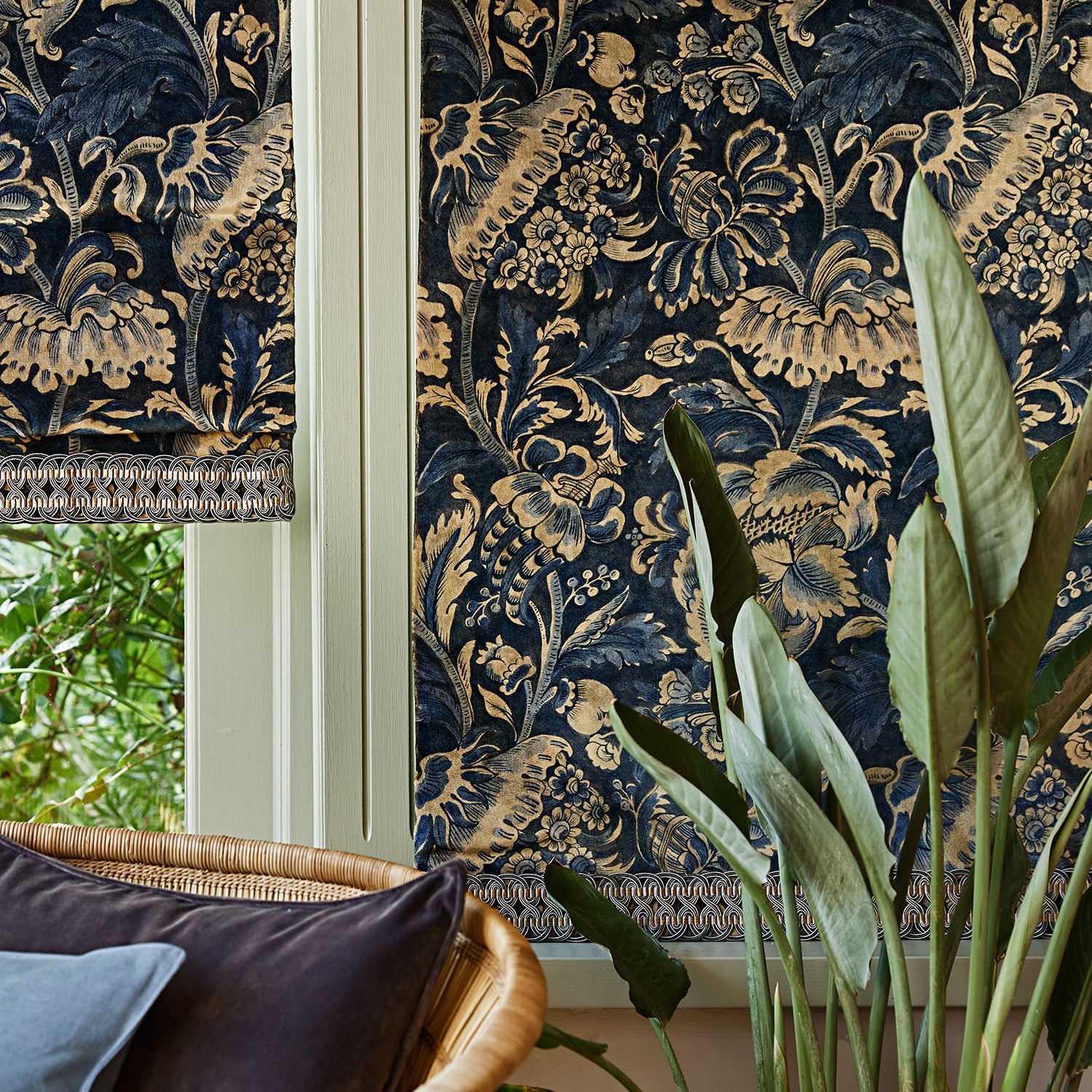 Velvet blinds showcasing an archival document, circa 1700s, this stylised floral is lavish, graceful, and timeless in blue