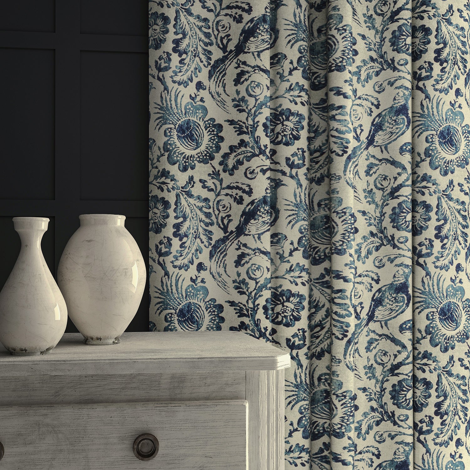 Curtains in velvet fabric with blue pheasant and floral design.