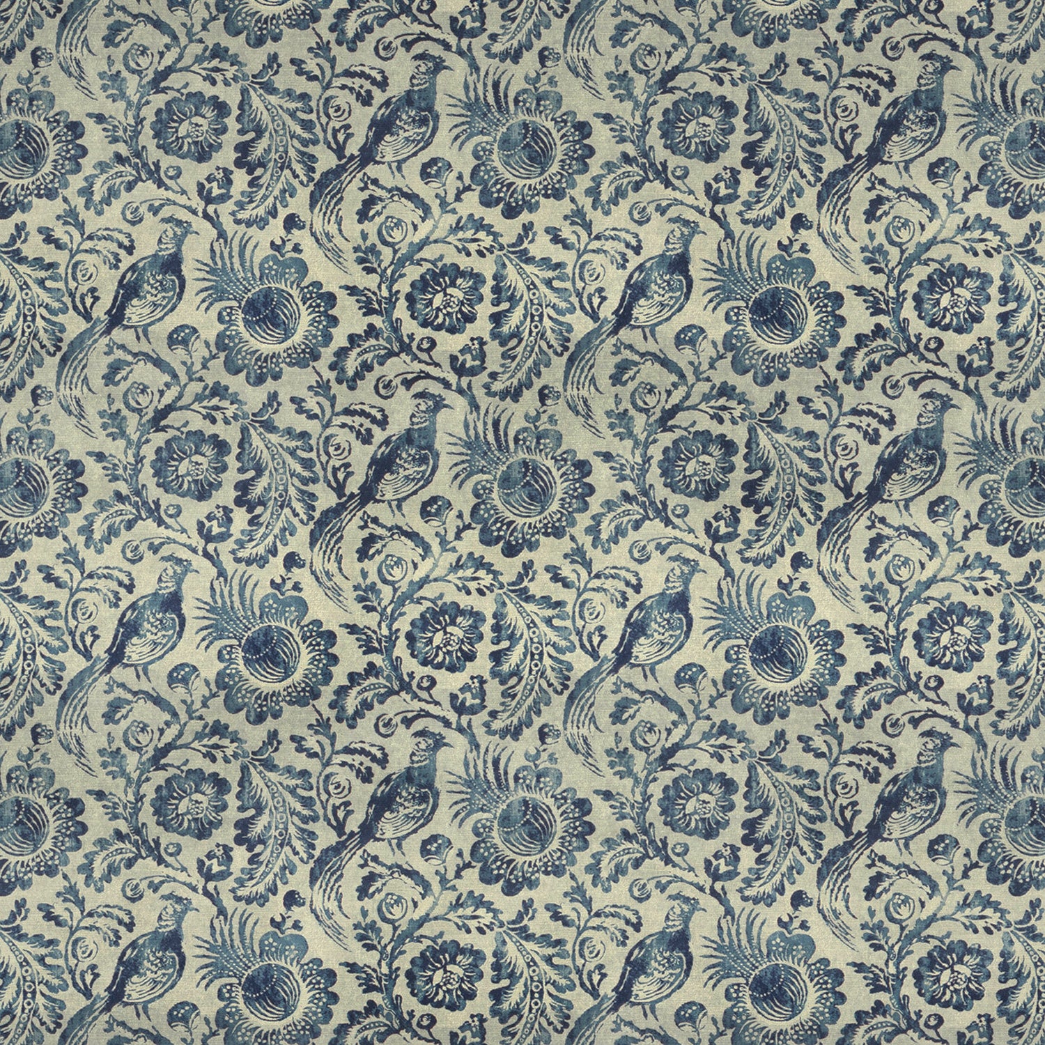 Velvet fabric suitable for curtains and upholstery. Off-white background with blue large scale floral and pheasant design.