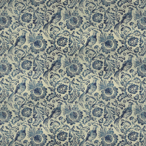 Velvet fabric suitable for curtains and upholstery. Off-white background with blue large scale floral and pheasant design.