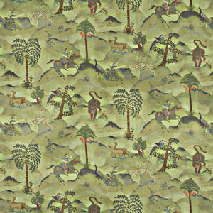 Fabric swatch of a green cotton velvet fabric for curtains and upholstery with painted animals and characters