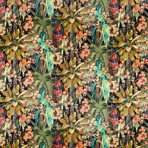 Sample of a printed velvet showing a tropical design