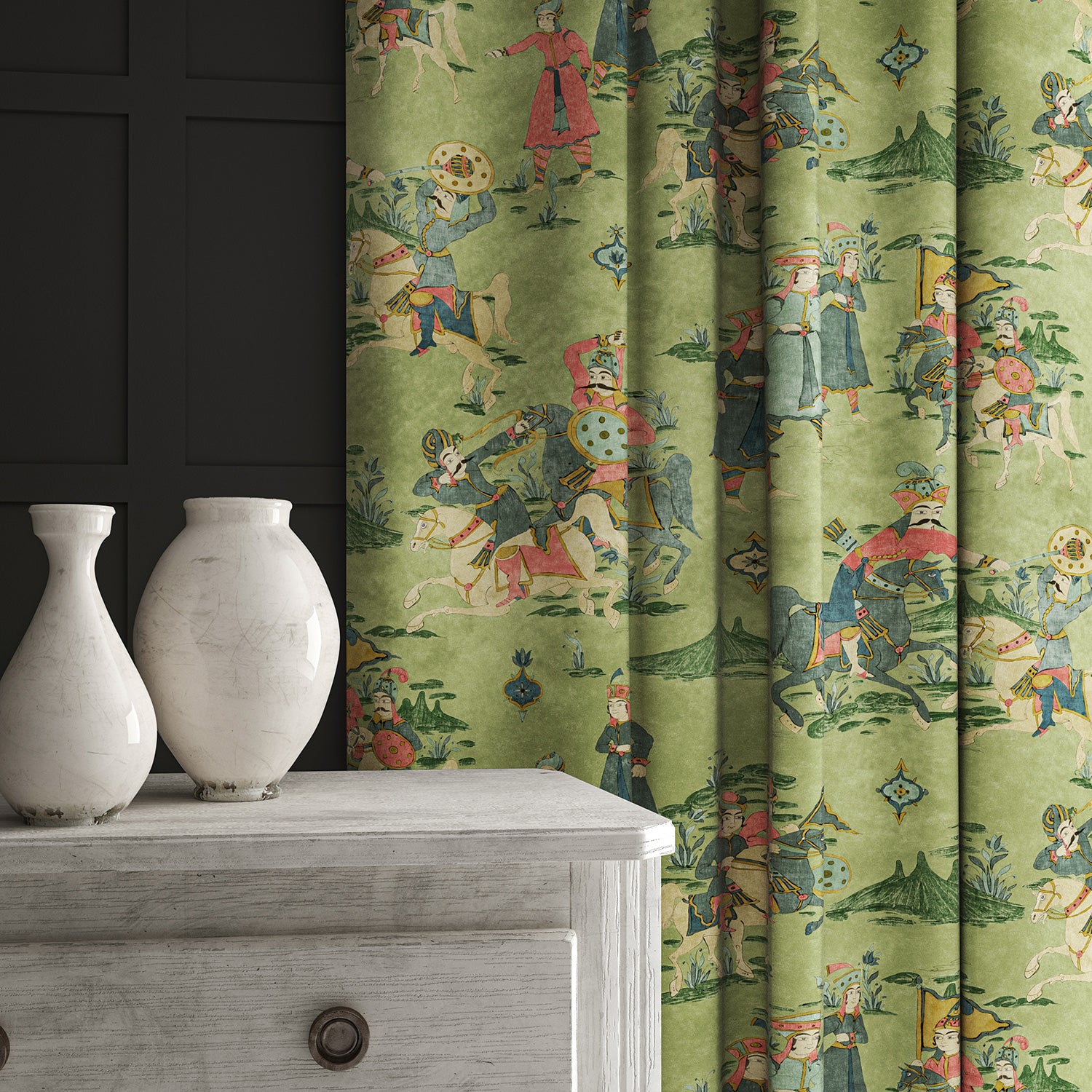 A printed velvet fabric showcasing lively horses and bedecked warriors in green as curtains