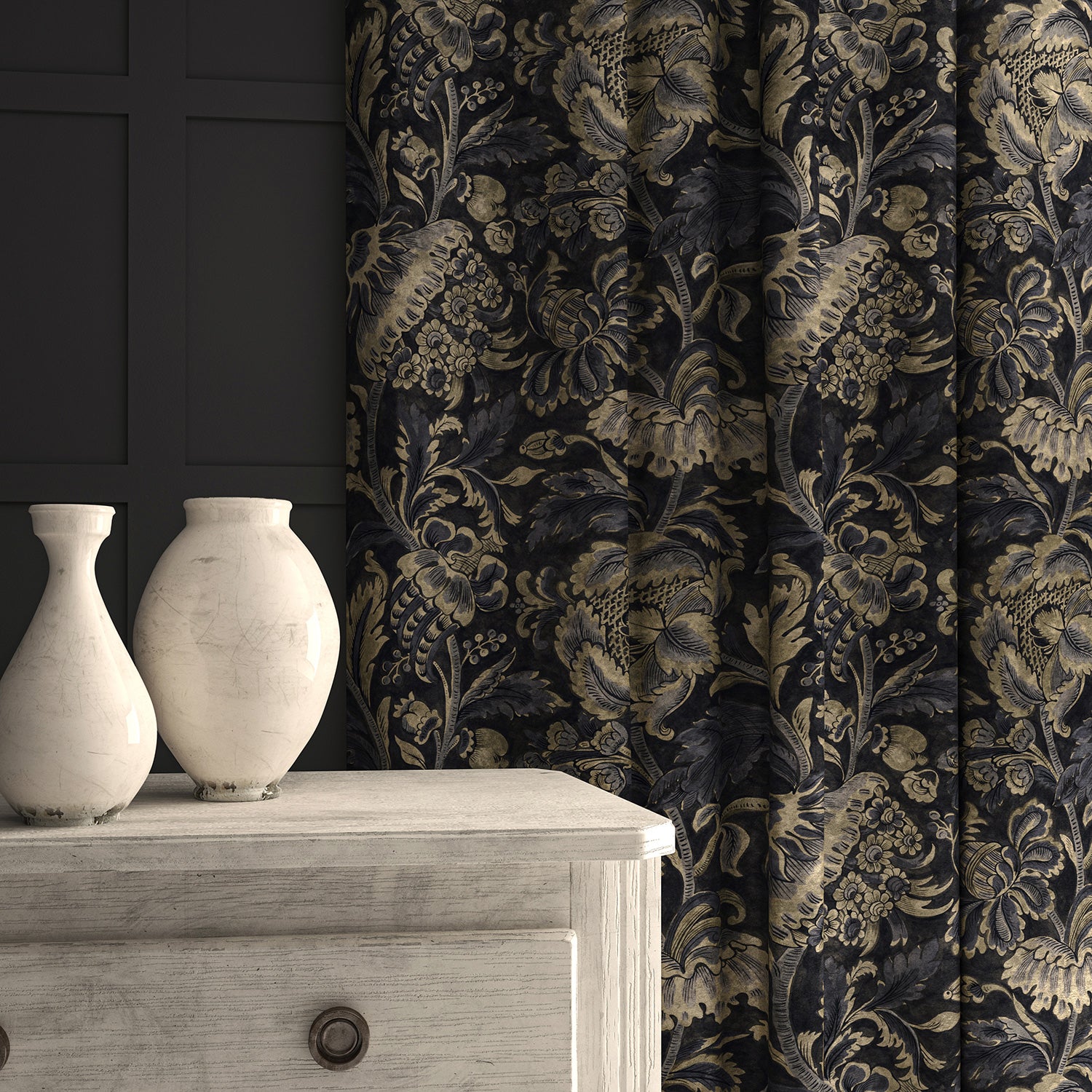 A printed velvet fabric showcasing an archival document, circa 1700s, this stylised floral is lavish, graceful, and timeless in blue, shown here as curtains