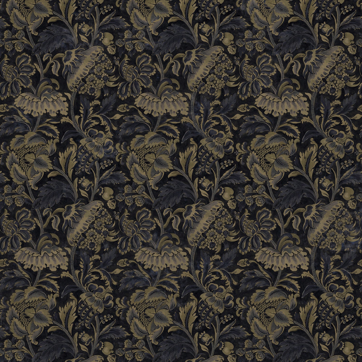 Sample of a printed velvet fabric showcasing an archival document, circa 1700s, this stylised floral is lavish, graceful, and timeless in blue