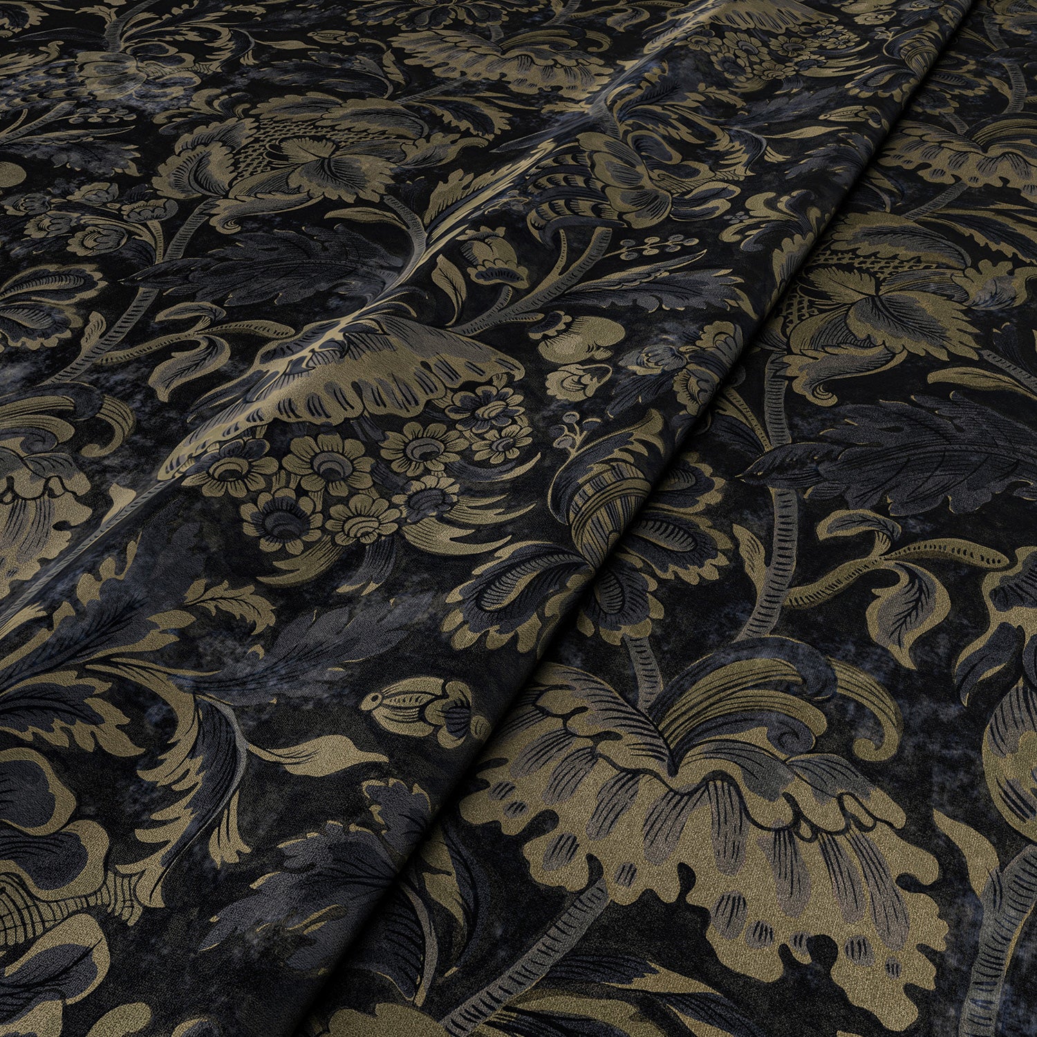 Sample of a printed velvet fabric showcasing an archival document, circa 1700s, this stylised floral is lavish, graceful, and timeless in blue