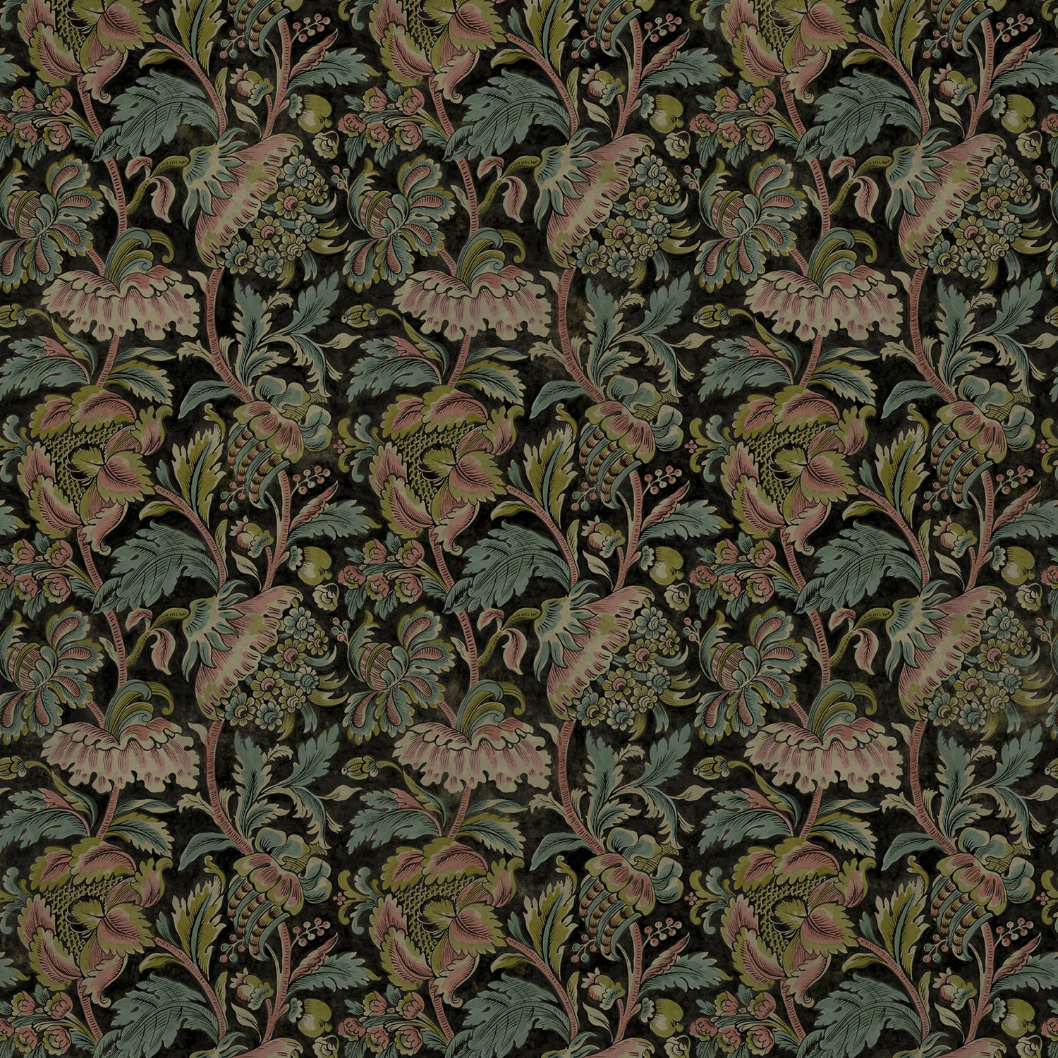 Sample of a printed velvet fabric showcasing an archival document, circa 1700s, this stylised floral is lavish, graceful, and timeless in brown, blue, pink and green