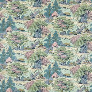 Sample of a printed velvet fabric showcasing a beautiful landscape of mountains, willows, and Oriental-style buildings in blue, pink and green