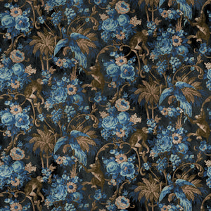 Sample of a printed velvet fabric showcasing a landscape of palms and monkeys in blue, brown and pink