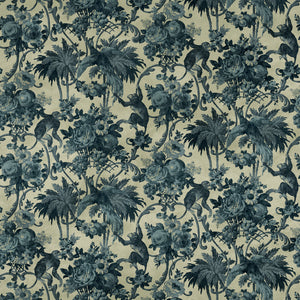 Sample of a printed velvet fabric showcasing a landscape of palms and monkeys in blue and cream