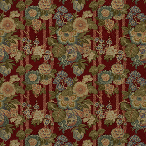 Sample of a printed velvet fabric showcasing the abundant pattern of stylised flowers in red
