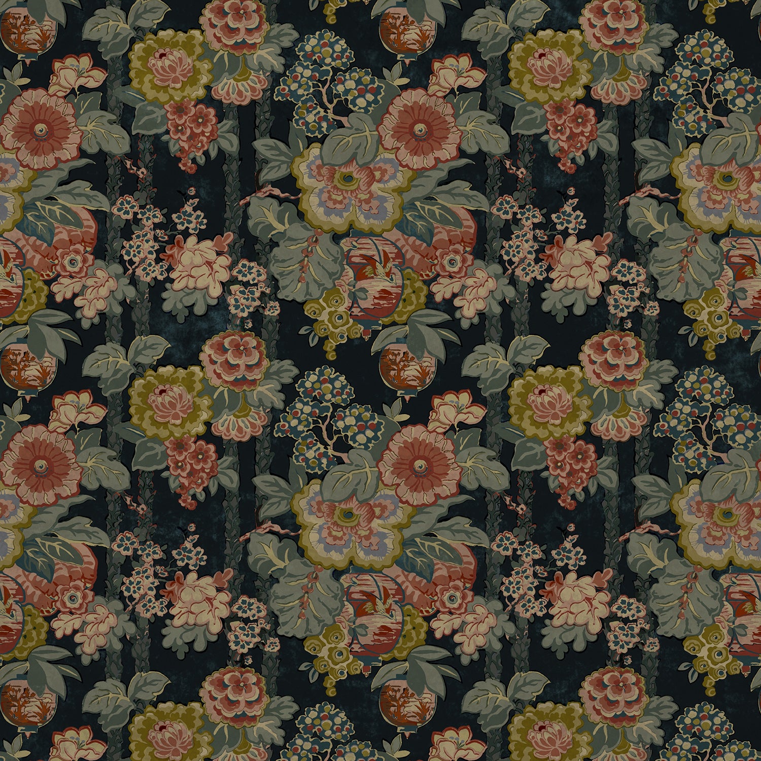 Sample of a printed velvet fabric showcasing the abundant pattern of stylised flowers in blue