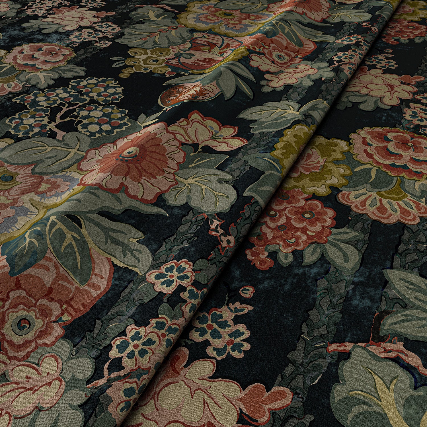 Sample of a printed velvet fabric showcasing the abundant pattern of stylised flowers in blue