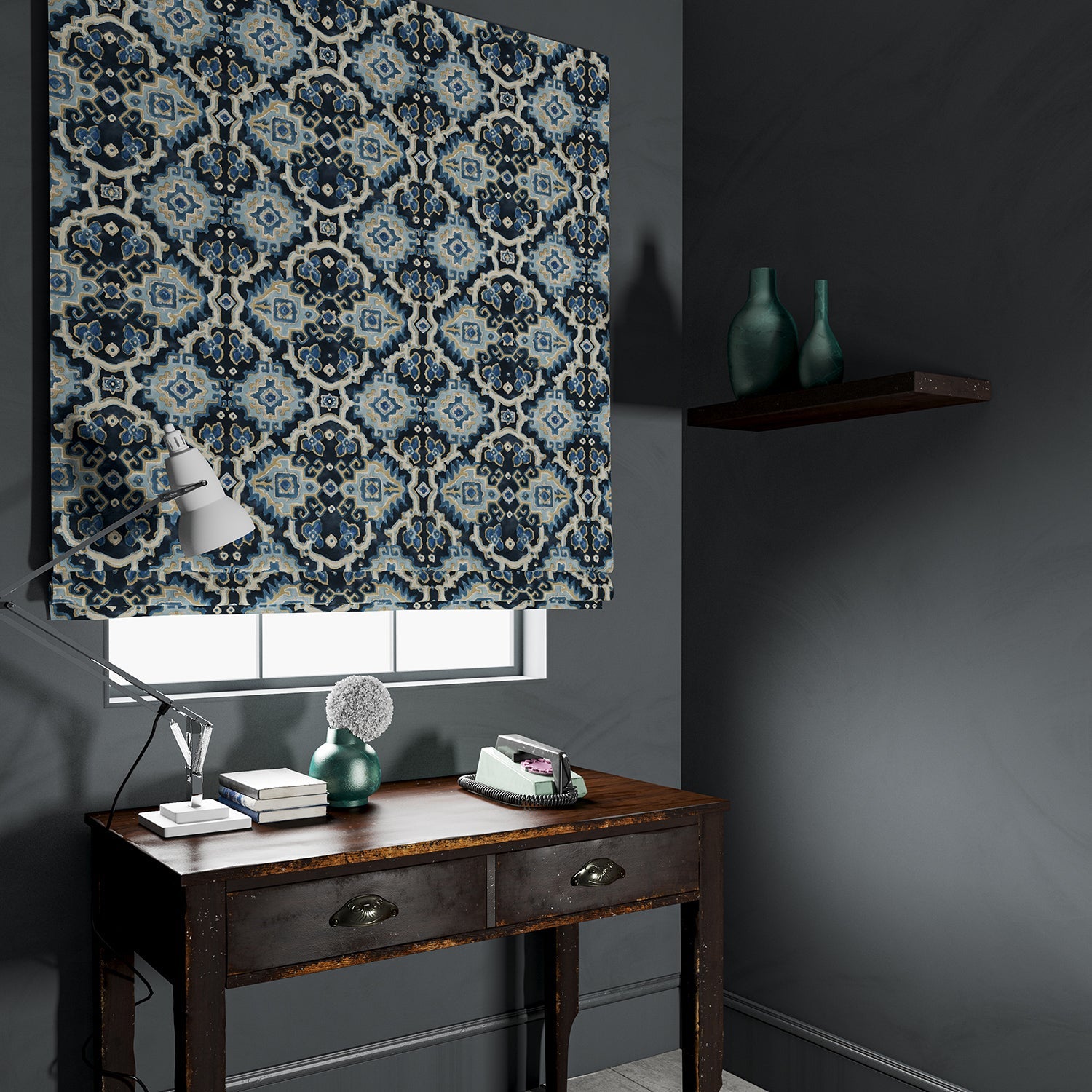 Velvet blind upholstered in a printed velvet fabric with an oriental geometric design in blue colours