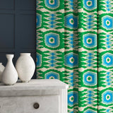 Patterned velvet curtains featuring a fun, jazzy pattern in Seagreen.