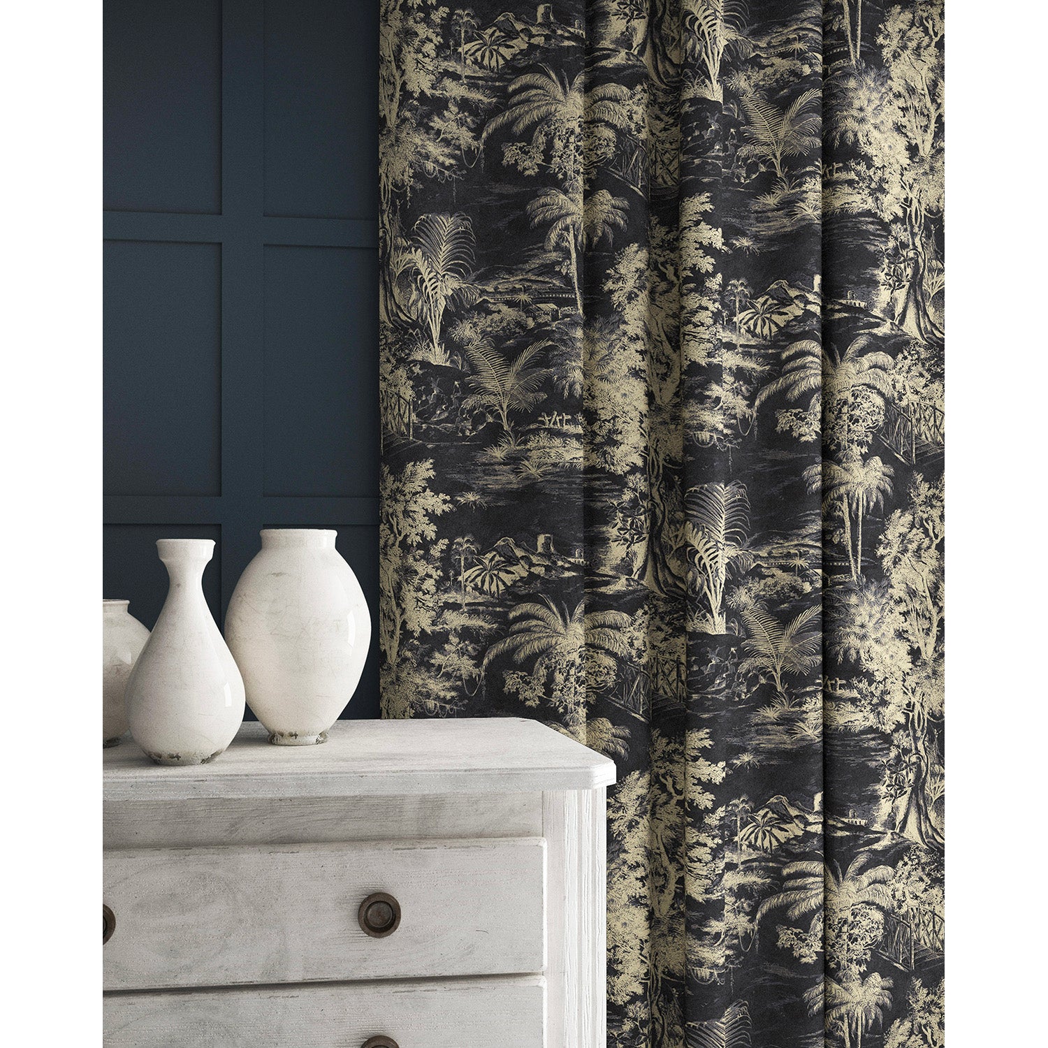 Curtain in a printed velvet fabric featuring a rich, tropical-style toile in slate.