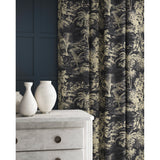 Curtain in a printed velvet fabric featuring a rich, tropical-style toile in slate.