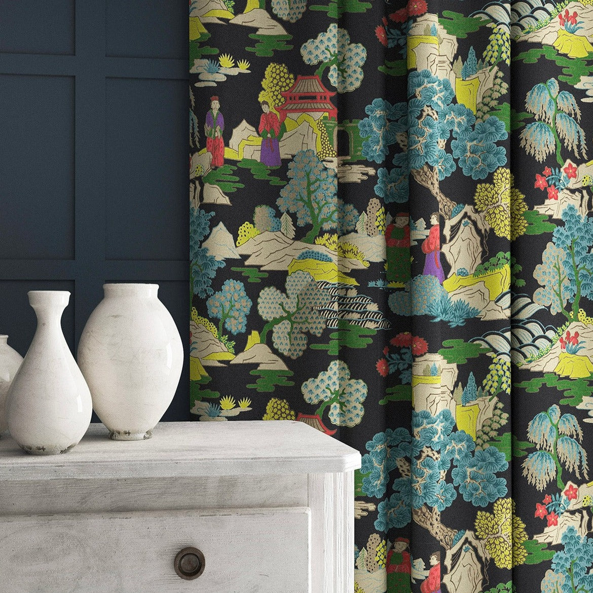 Velvet curtains in a printed velvet fabric featuring a Japanese-style toile in blue and yellow.
