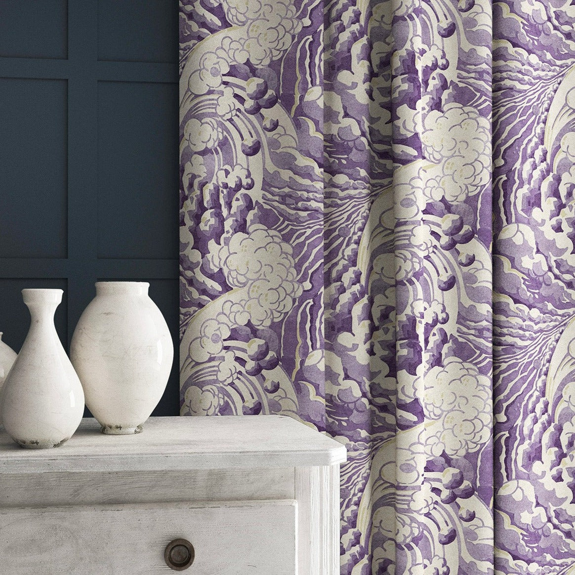 Velvet curtain in a velvet fabric with stain resistant finish with a purple and white wave design